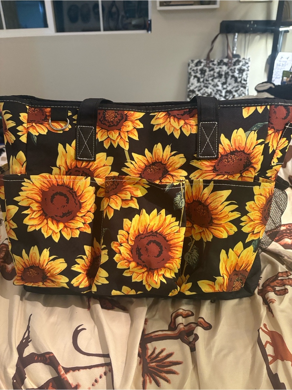 Sunflower Print Tote Bag - Black and Yellow Floral Organizing Tote